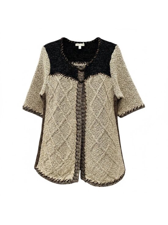 Coldwater Creek Sweaters - Coldwater Creek Short Sleeved Cardigan L Black Yoke Top Stitch Cozy Chunky Lodge
